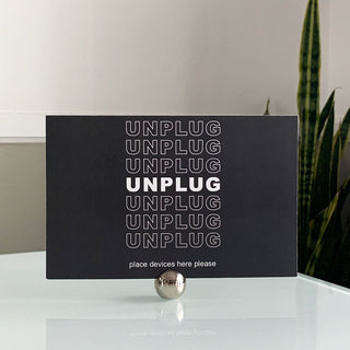 Unplug•Intention Cards • Gentle Reminders To Live In Balance With Technology Tech Wellness Modern Mindfulness Black & White Set with Silver Stand