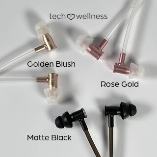 Three pairs of earbuds labeled 'Golden Blush', 'Rose Gold', and 'Matte Black' with builtin USB-C and Lightning