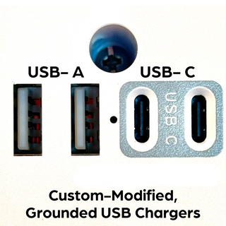 Close-up of a custom-modified iSmart USB charger showing a USB-A male connector, a USB-C male connector, and a blue grounding screw on a white background.