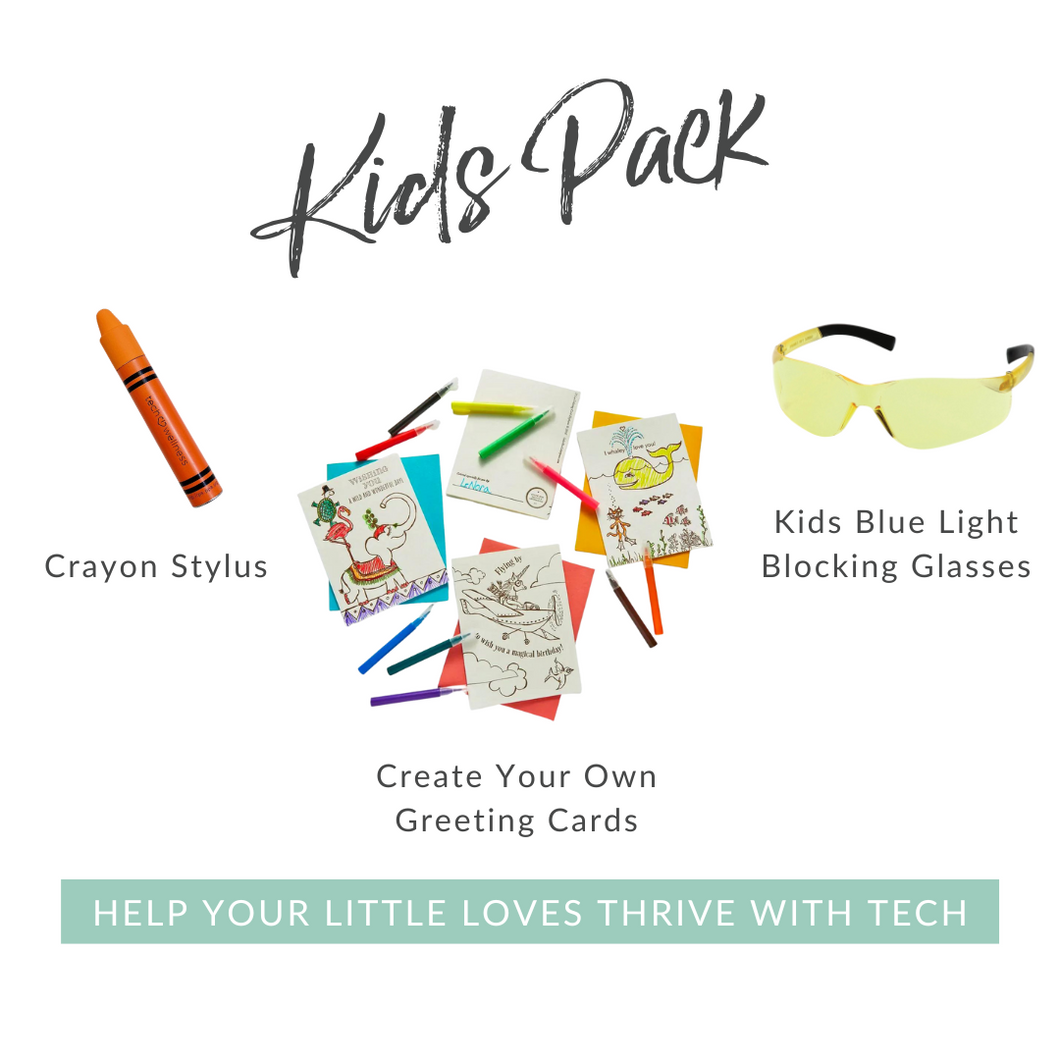 Kids Pack! Blue Light Blocking Glasses, Crayon Stylus & Unplugged Create Your Own Greeting Card Set