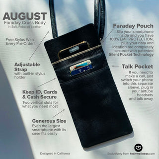 RESTOCK: The AUGUST Faraday Cross Body Leather Phone Case. Stylish EMF-Radiation Protection, RFID Credit Card Slots, Plus A Place For Your Essentials Tech Wellness 